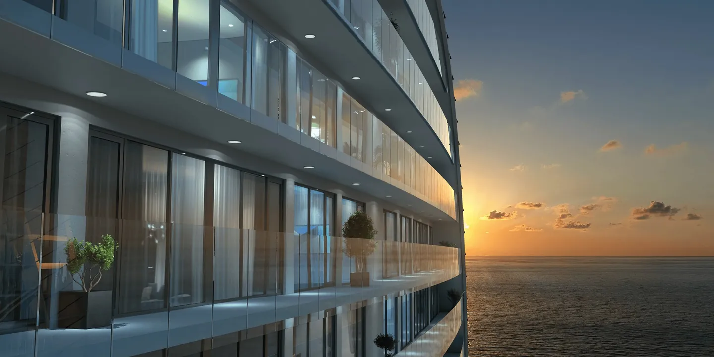Balkone von Alliance Centropolis im Sonnenuntergang über dem Meer, Visualisierung