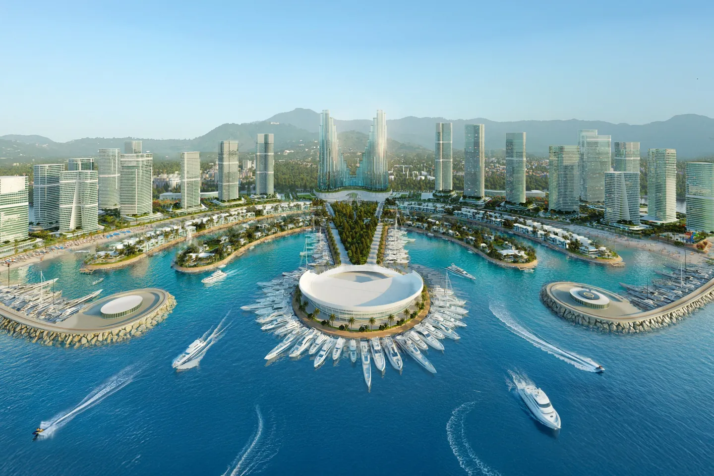 Ambassadori Island vor Batumi aus der Luft, mit Marina und Booten, Visualisierung