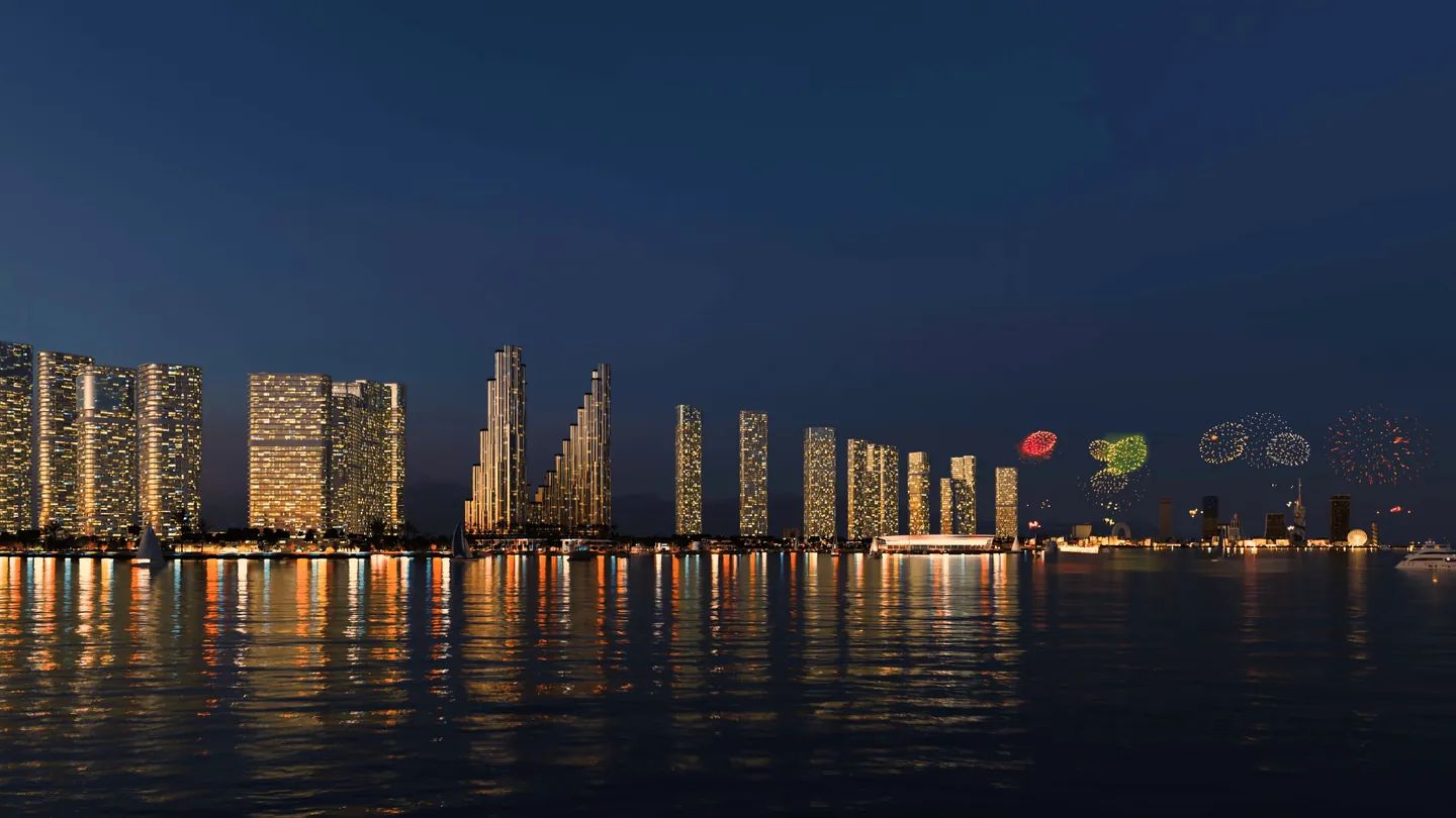 Ambassadori Island bei Nacht mit beleuchteter Skyline, Visualisierung