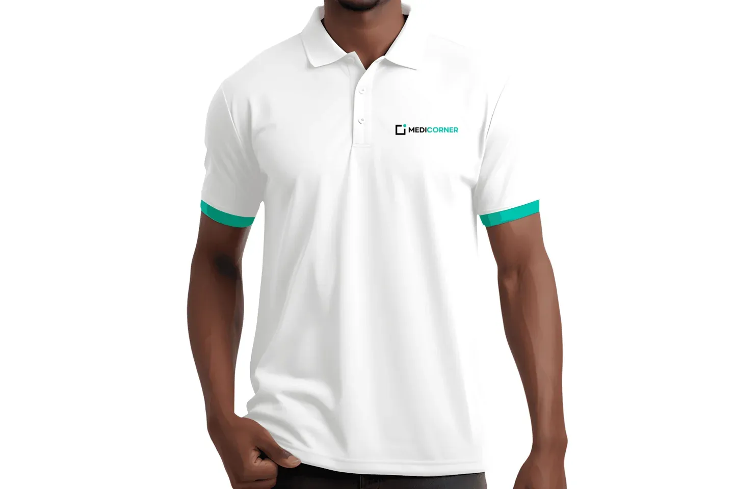 Weißes Poloshirt mit MEDICORNER-Logo