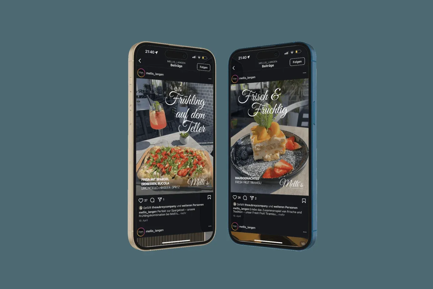 Zwei Smartphones mit Social-Media-Beiträgen von Melli’s
