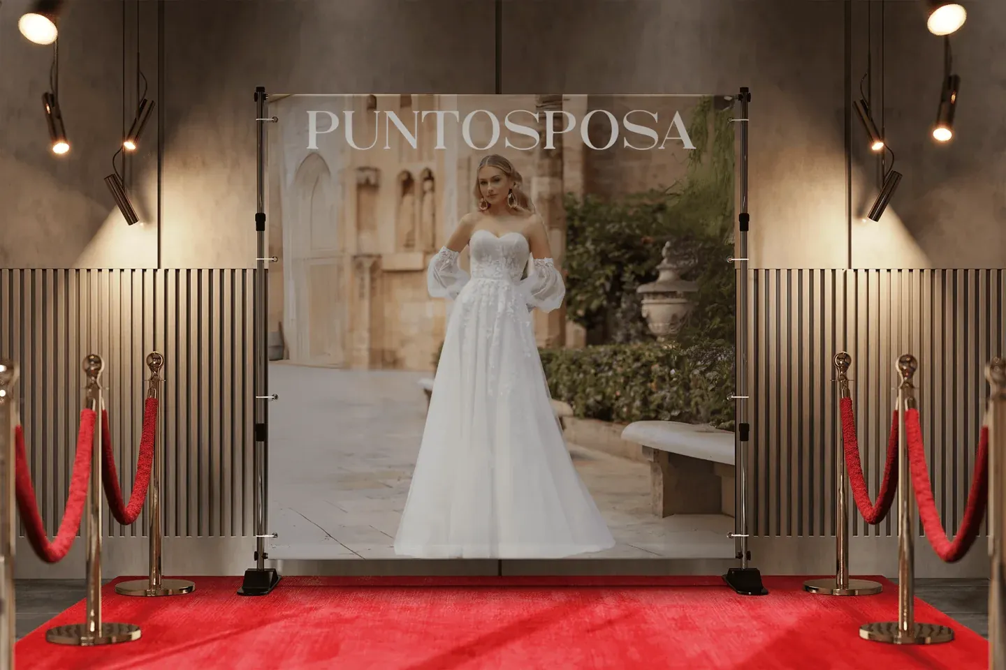 Messewand von Puntosposa mit Banner, Brautkleid und rotem Teppich
