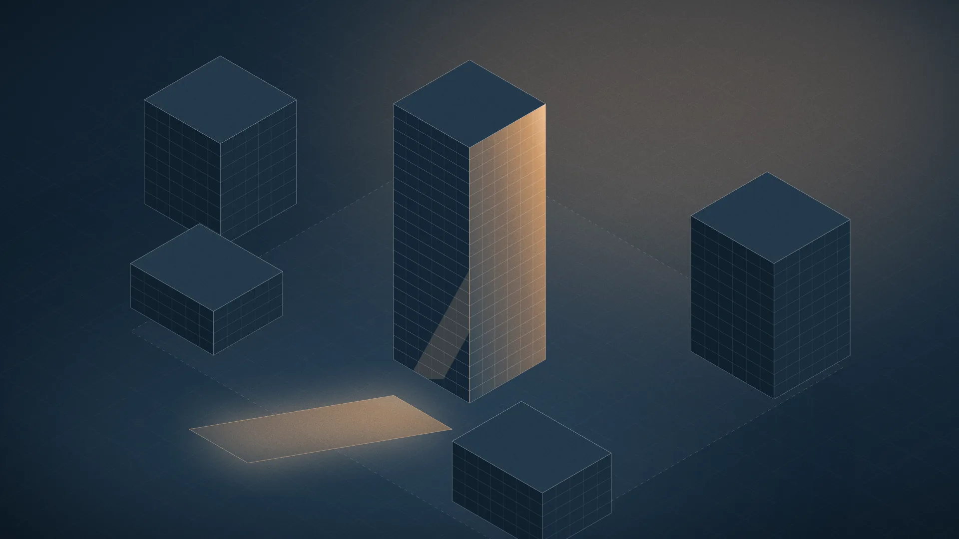 Key Visual Real Estate & Developer Marketing: Gebäudevolumen in 3D mit dem Aubrey-Slash als Hochhaus
