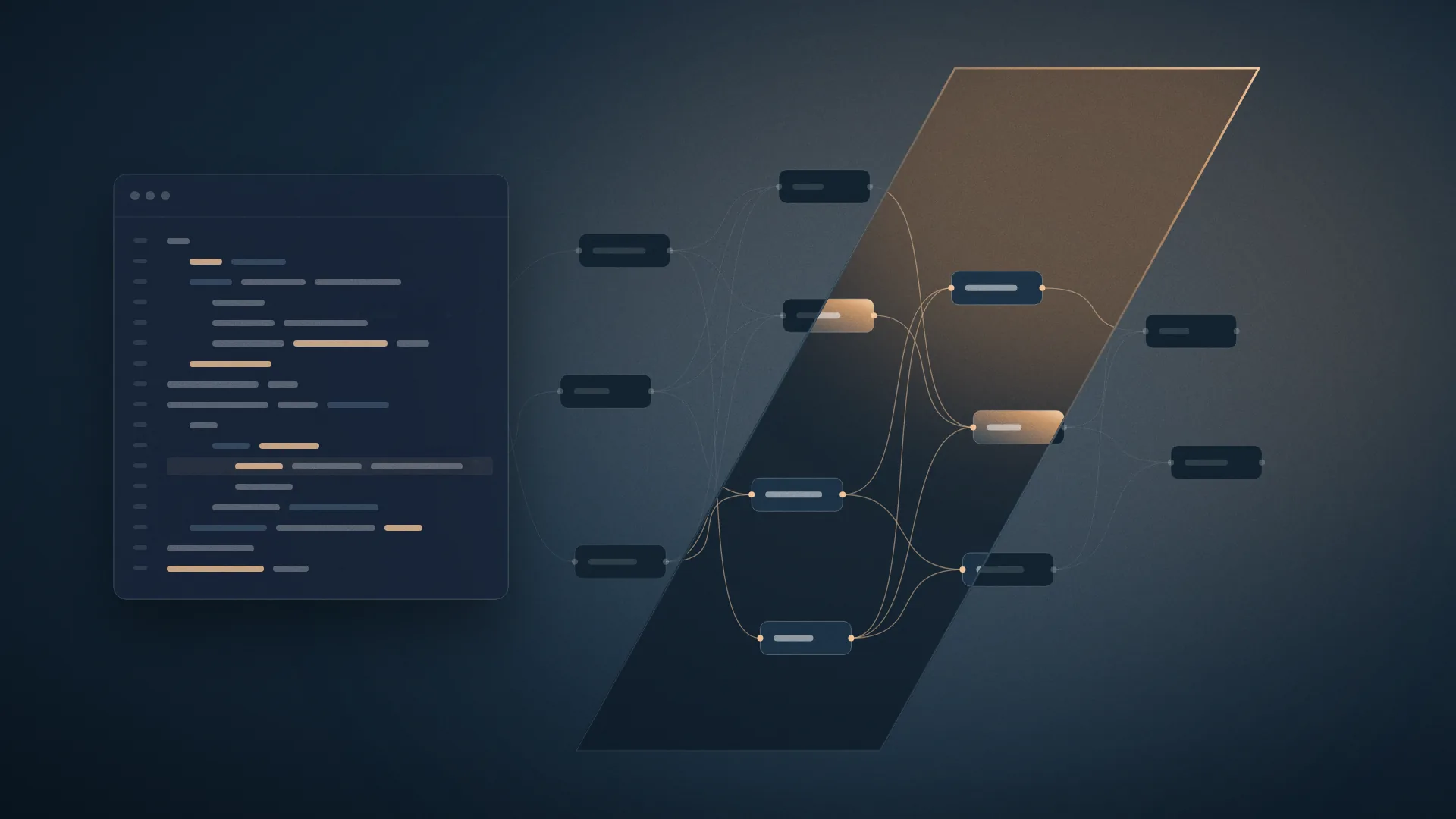 Key Visual Software & Plattformen: Code-Editor und verbundene Knoten neben dem Aubrey-Slash