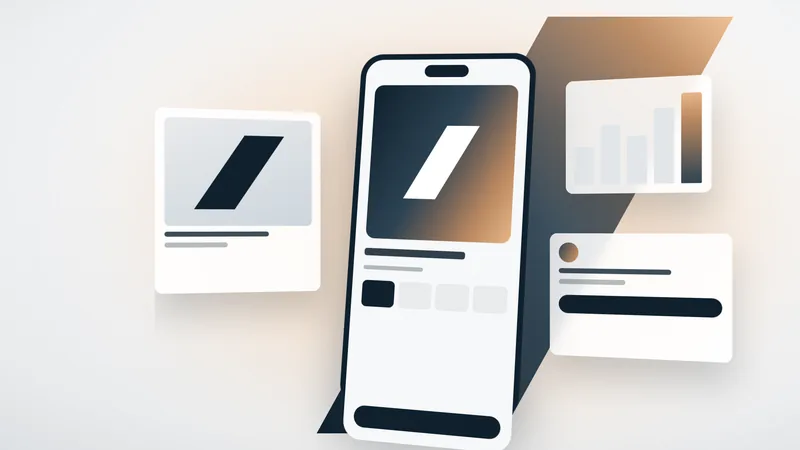Key Visual Web & Commerce: Smartphone mit App-Ansicht, umgeben von Karten mit Diagramm und Text
