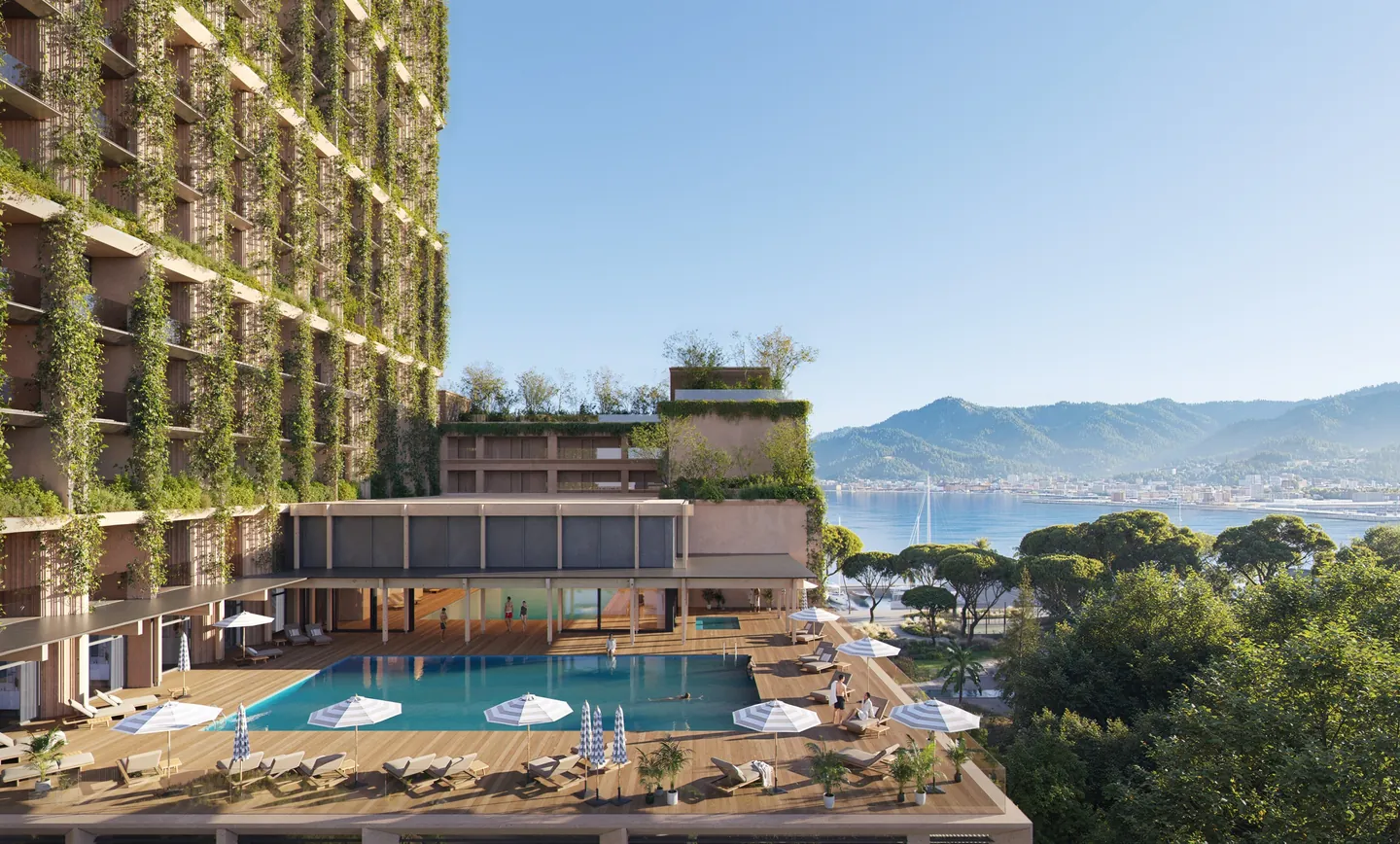 Poolterrasse der Silk Towers mit Blick auf die Berge, Visualisierung