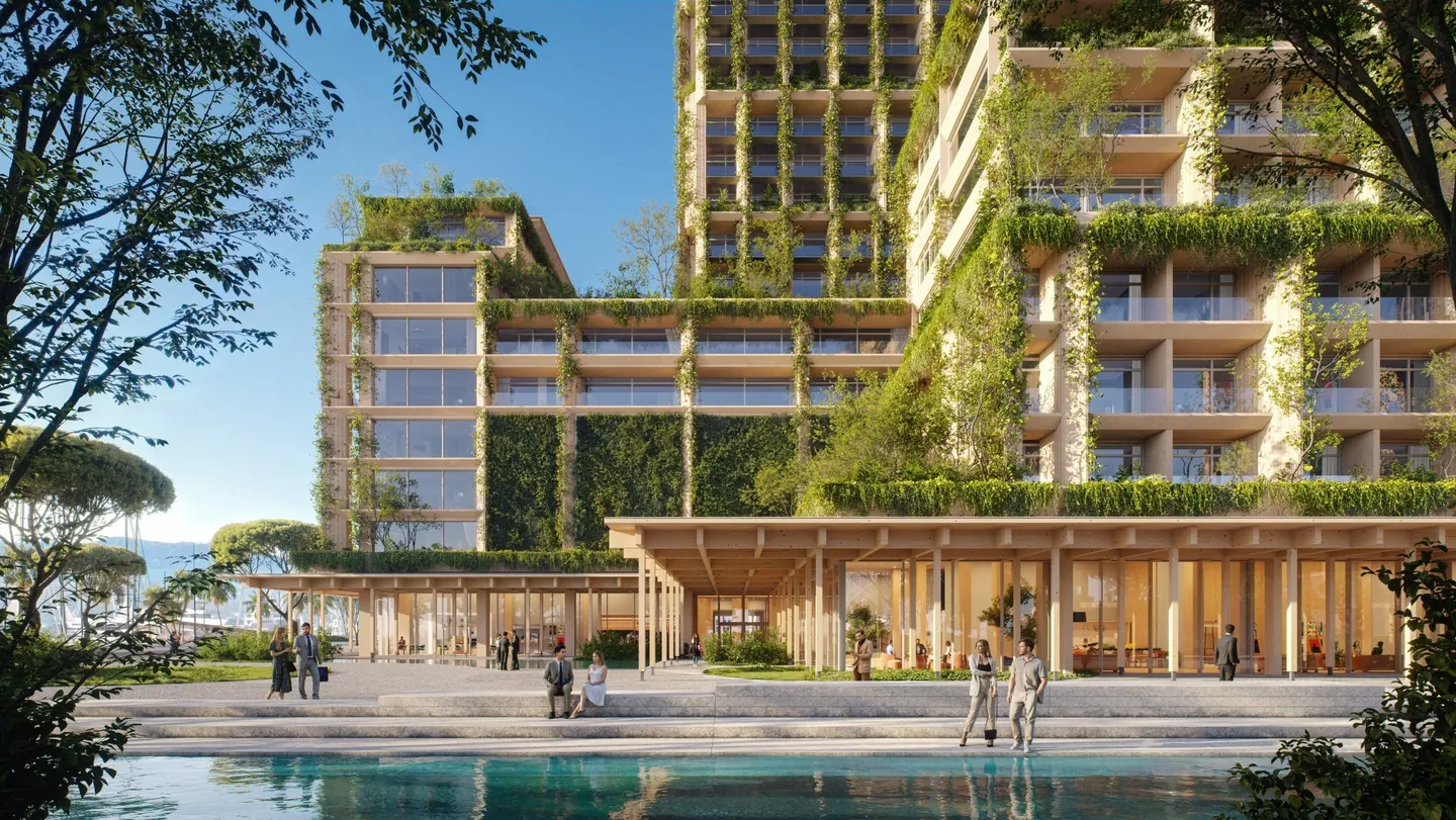 Begrünte Fassaden und Eingangsbereich der Silk Towers, Visualisierung