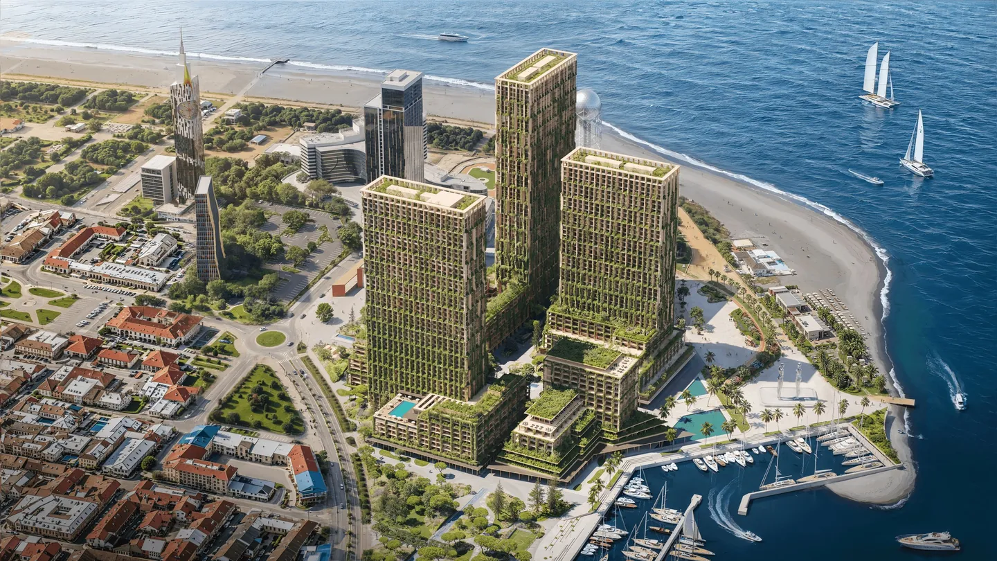 Luftbild der Silk Towers an der Küste von Batumi, Visualisierung