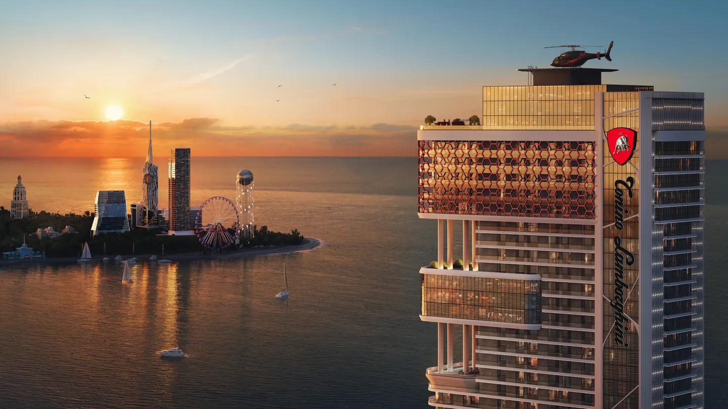 Spitze des Tonino Lamborghini Tower mit Hubschrauberlandeplatz im Sonnenuntergang, Visualisierung