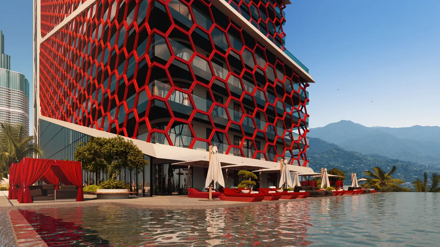 Rote Wabenfassade des Tonino Lamborghini Tower über dem Pool, Visualisierung