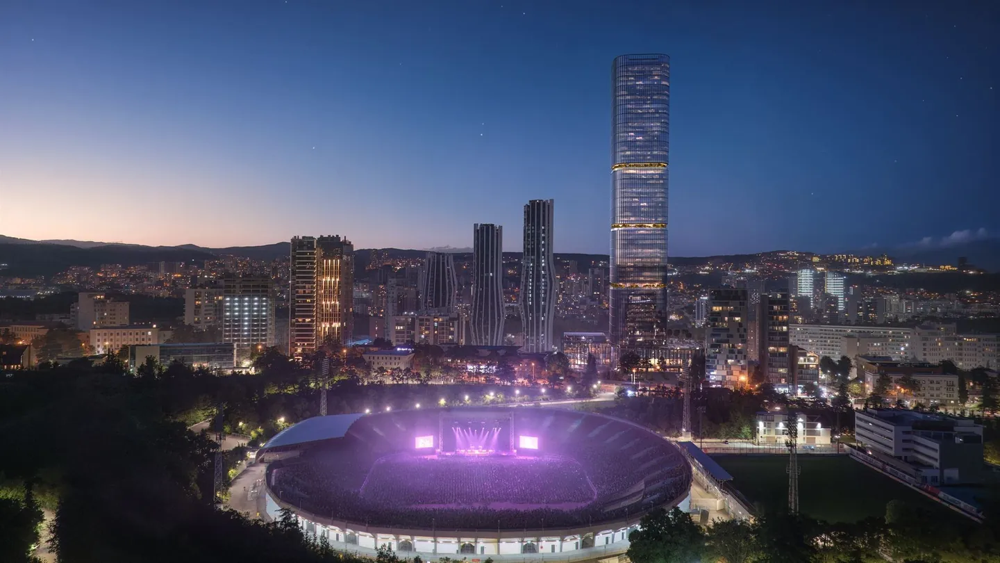 VR Vake Sky Tower bei Nacht über dem beleuchteten Stadion, Visualisierung