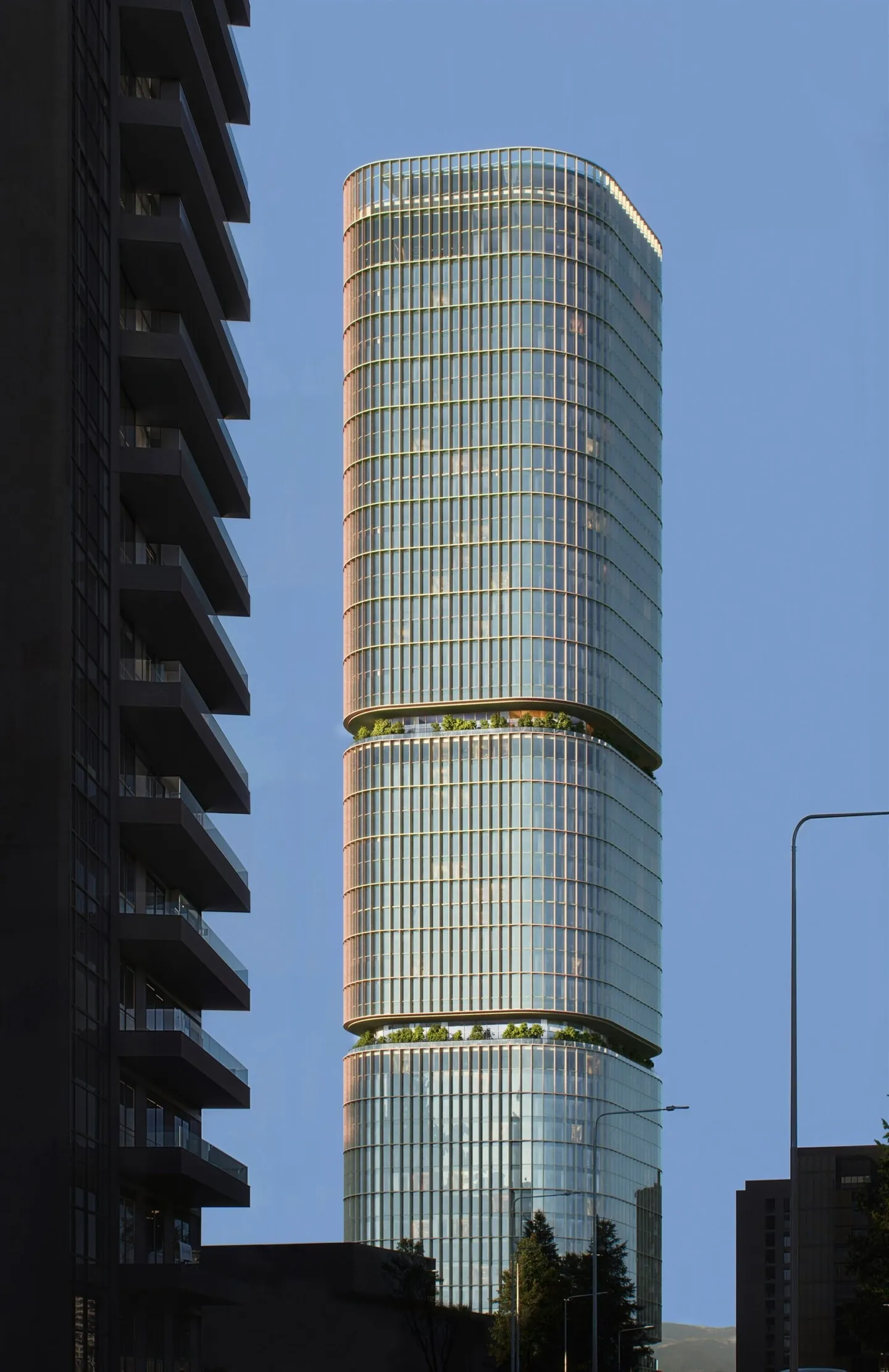 Glasfassade des VR Vake Sky Tower vor blauem Himmel, Visualisierung