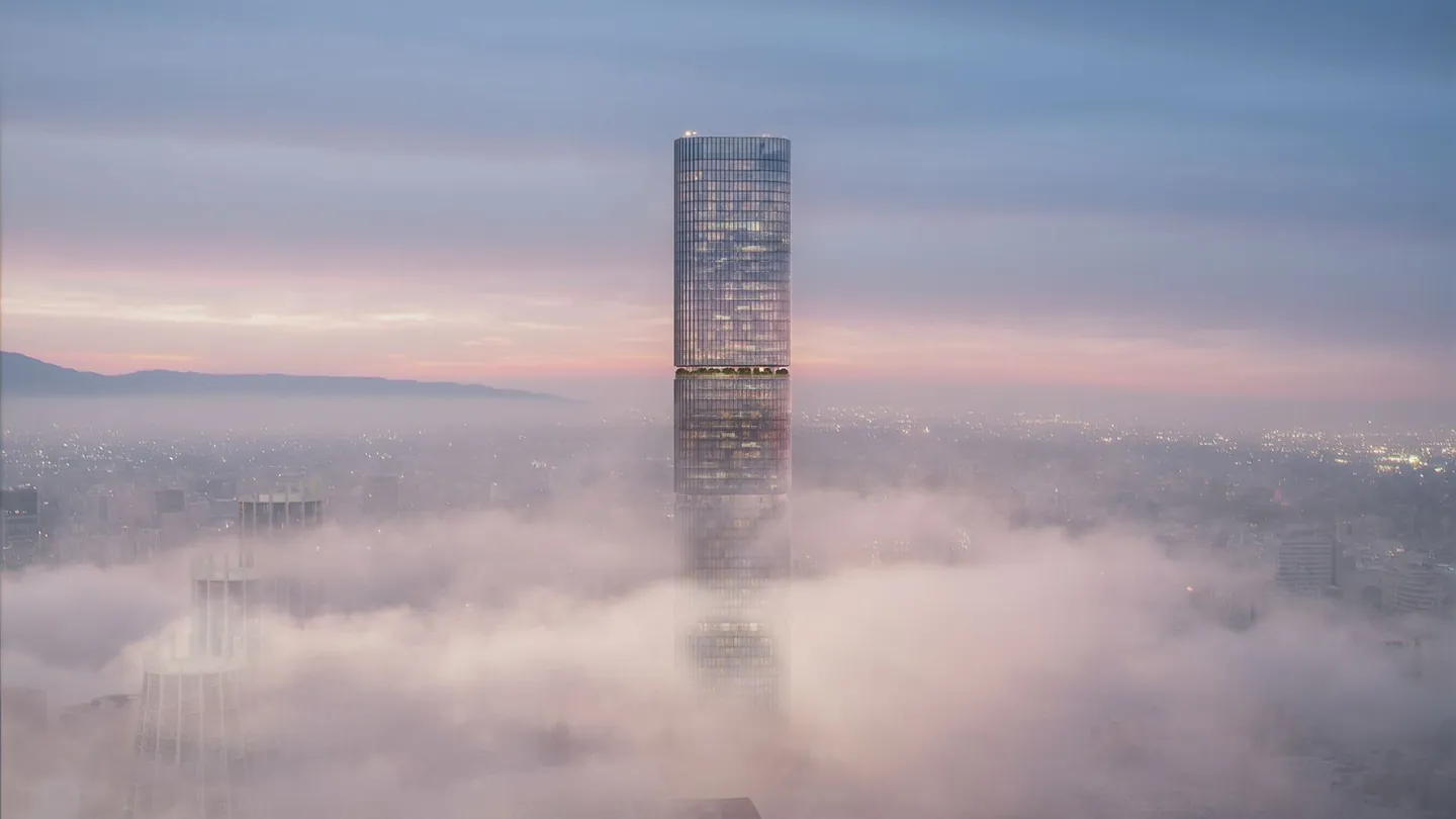 VR Vake Sky Tower ragt aus dem Nebel über Tbilisi, Visualisierung