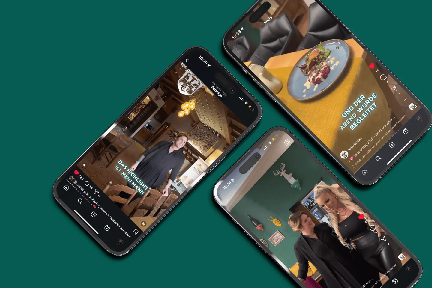 Social-Media-Beiträge von Zum Haferkasten auf mehreren Smartphones