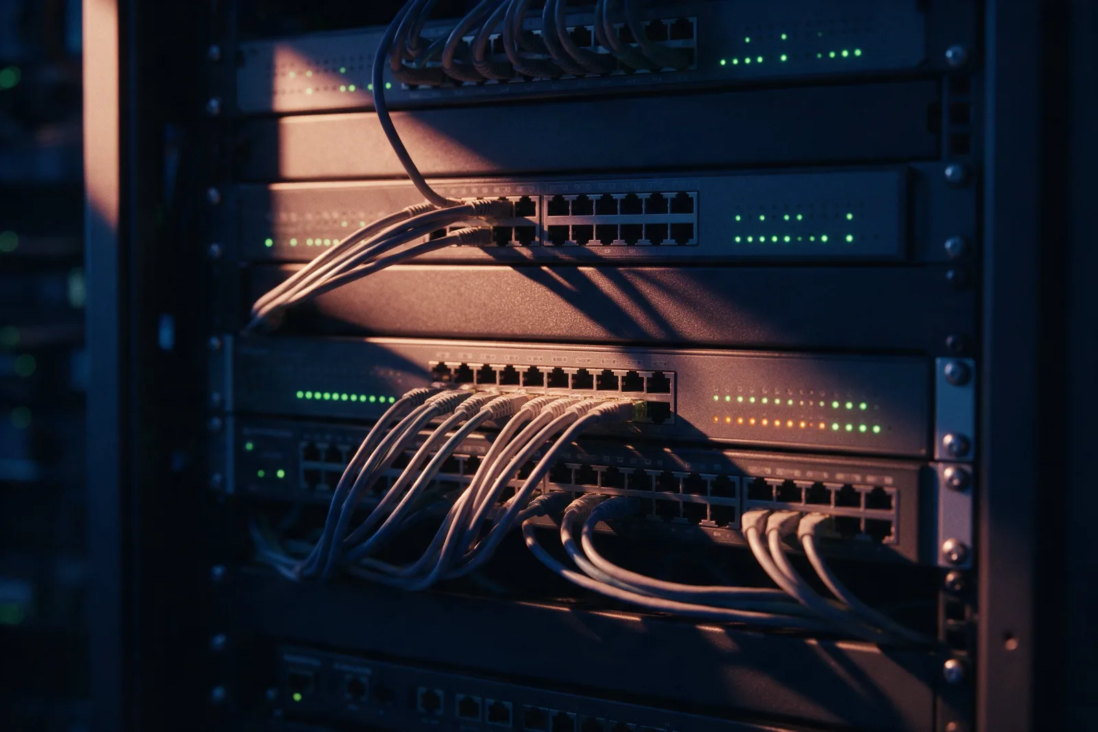 Nahaufnahme eines Serverschranks im Dunkeln mit gebündelten Netzwerkkabeln und grün leuchtenden Status-LEDs, schräg fällt kupferfarbenes Licht über die Geräte