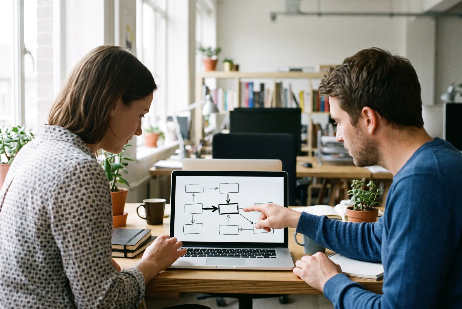 Zwei Personen sitzen vor einem Laptop, auf dem Bildschirm ist ein Ablaufdiagramm mit verbundenen Kästen zu sehen, eine Person zeigt auf eine Verbindung zwischen zwei Kästen (KI-generiert)