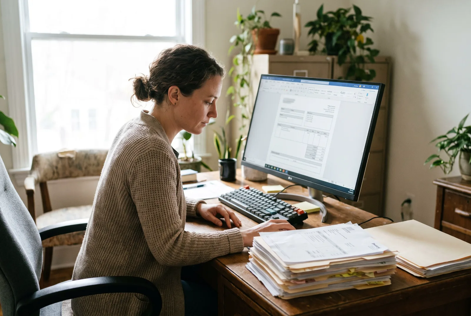 Frau sitzt in einem hellen Büro an einem Schreibtisch und prüft auf einem großen Monitor eine digitale Rechnung, neben der Tastatur liegt ein Stapel Papierrechnungen (KI-generiert)