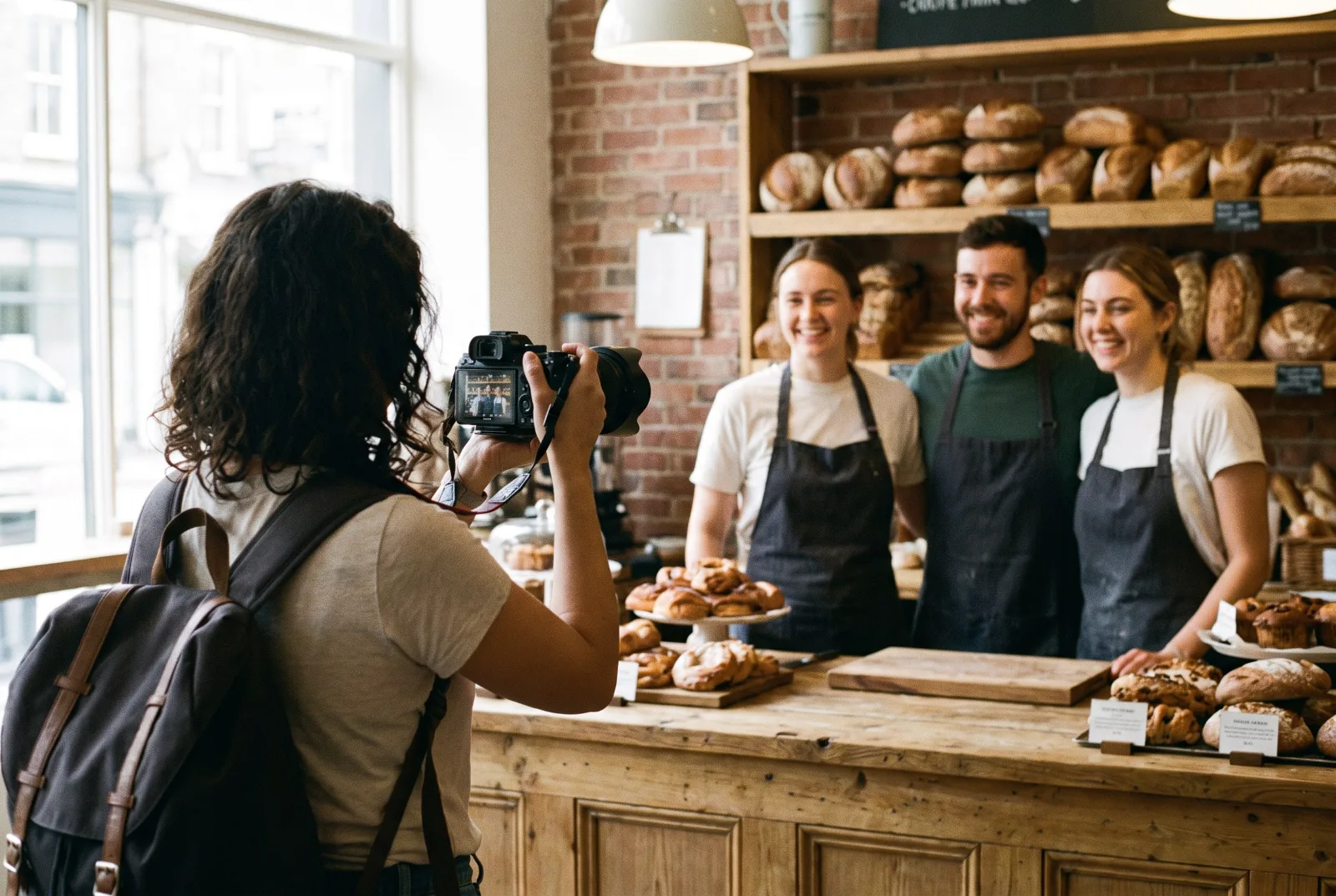 Eine Fotografin richtet in einem hellen kleinen Café eine Kamera auf drei Personen in Schürzen, die hinter einem Holztresen stehen und lächeln (KI-generiert)