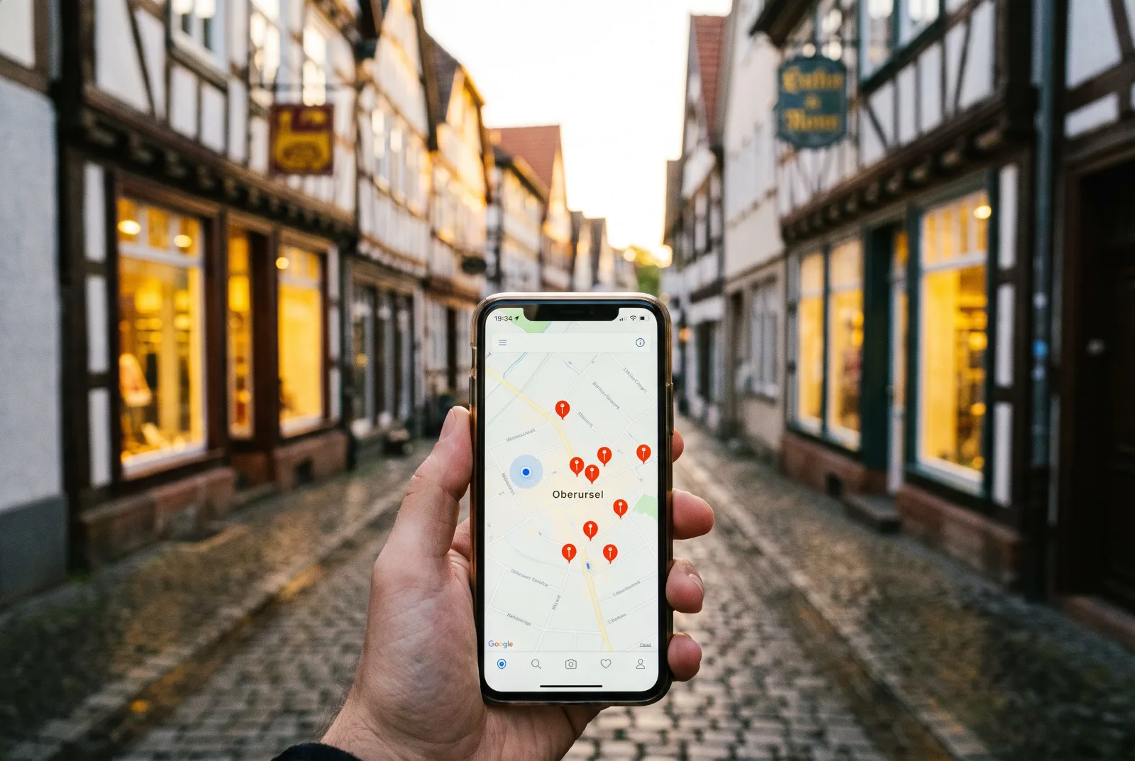 Hand hält ein Smartphone mit einer Kartenansicht und mehreren roten Markierungen, im Hintergrund eine Altstadtgasse mit Fachwerkhäusern und kleinen Geschäften (KI-generiert)