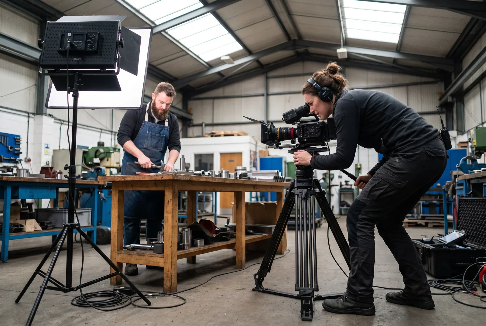 Kamerafrau mit Kopfhörern filmt mit einer Kamera auf einem Stativ einen Handwerker an einer Werkbank in einer hellen Produktionshalle, daneben steht eine Studioleuchte (KI-generiert)