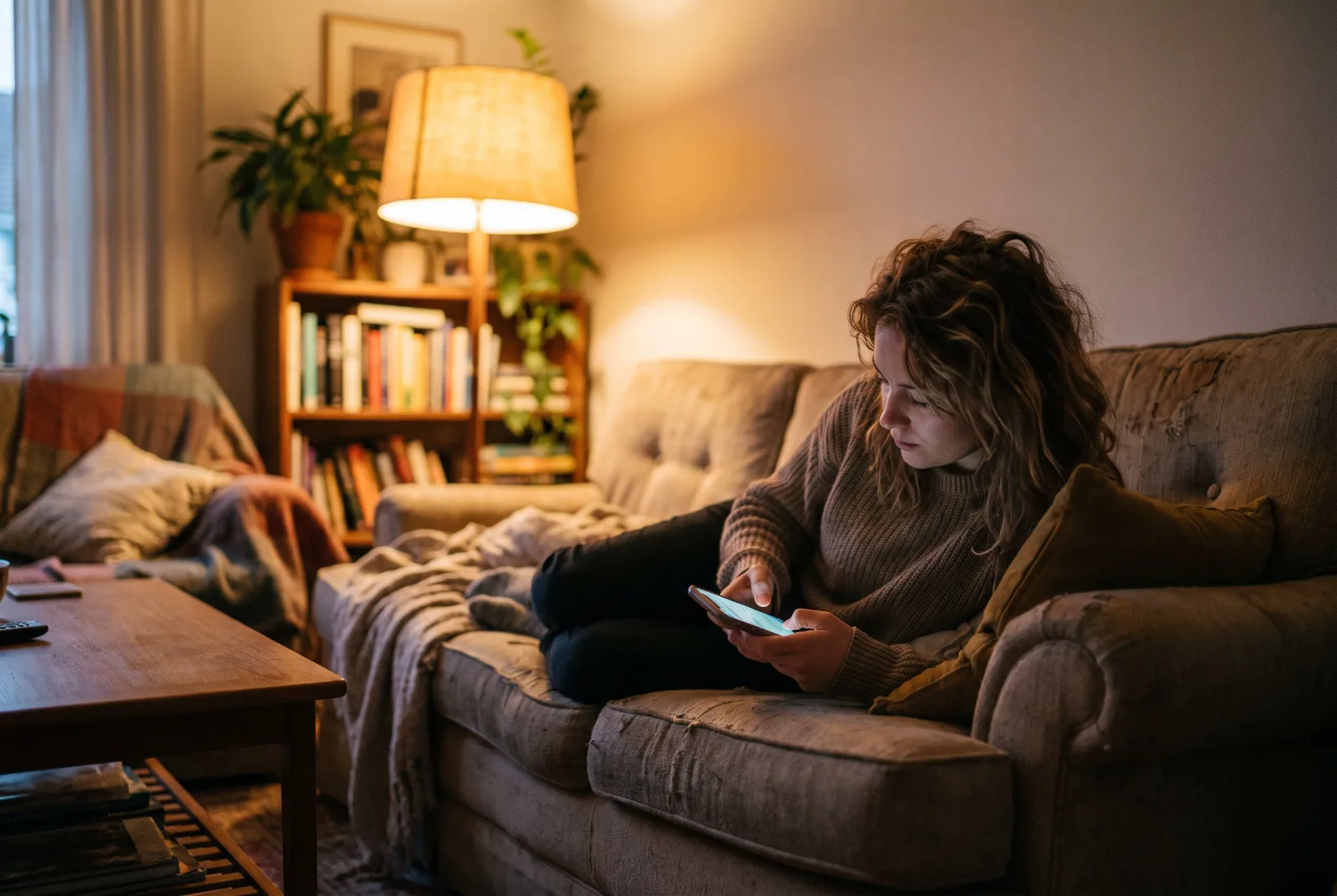 Junge Frau sitzt abends auf einem Sofa und scrollt auf ihrem Smartphone durch einen Feed mit Bildern, im Hintergrund leuchtet eine warme Stehlampe (KI-generiert)