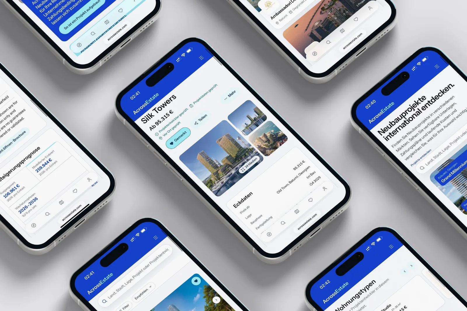Mehrere Smartphones nebeneinander, jedes zeigt eine Projektseite von Across Estate