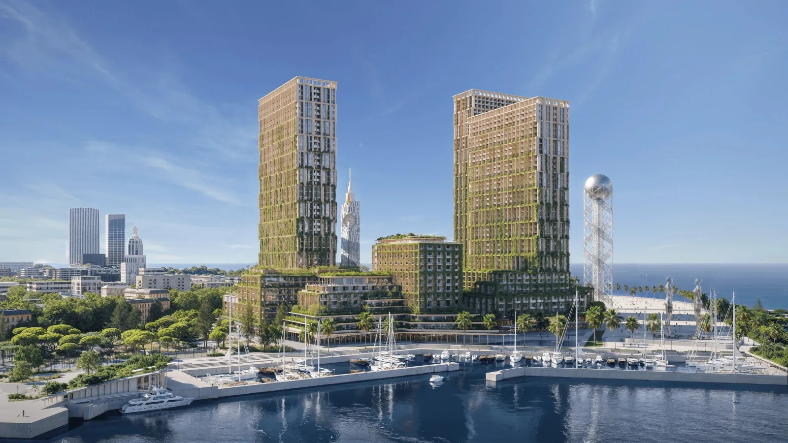 Silk Towers in Batumi mit Marina und Uferpromenade, Visualisierung