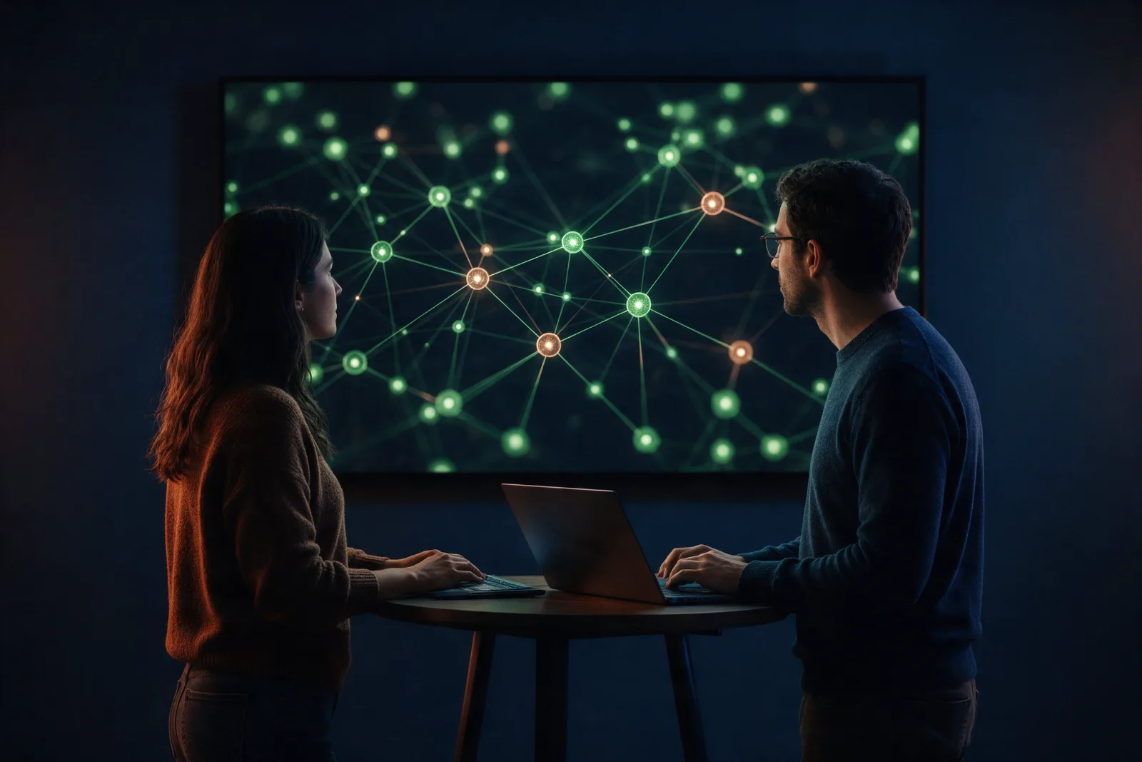 Eine Entwicklerin und ein Entwickler stehen nachts an einem Tisch mit Laptop und blicken auf einen großen Bildschirm mit einem Netz aus leuchtenden Punkten, die meisten grün, einige orange