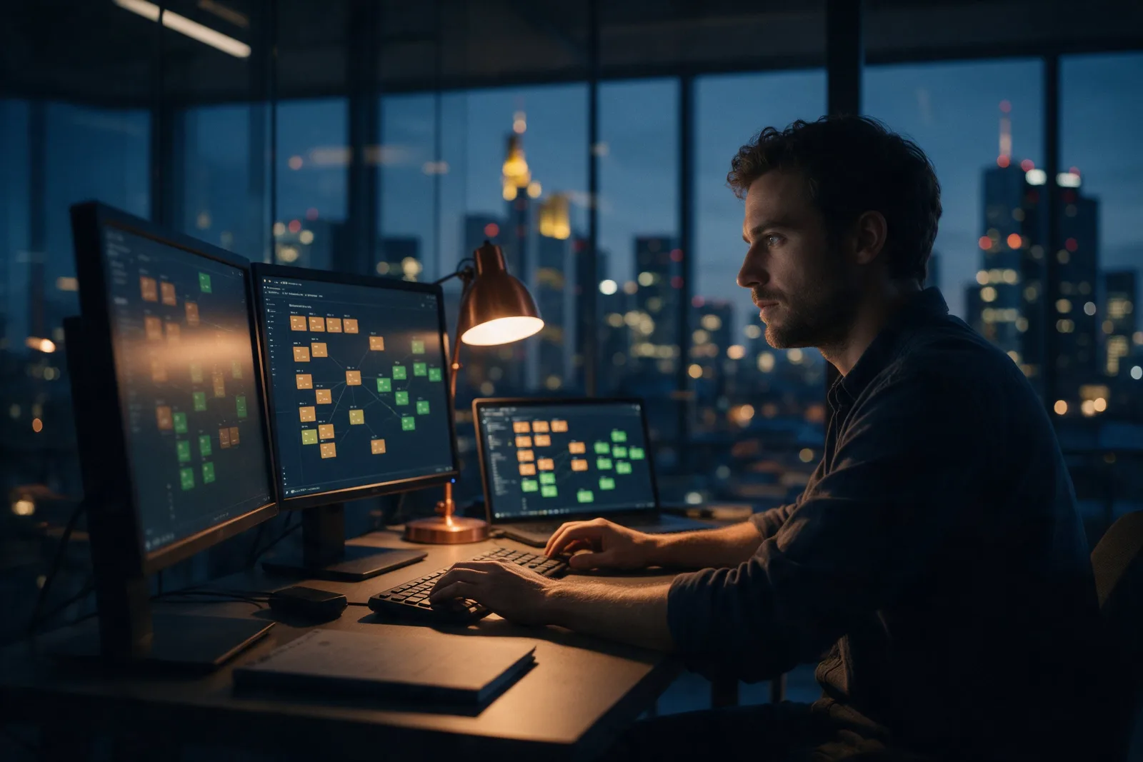 Entwickler sitzt nachts in einem Büro mit Glasfront vor drei Monitoren mit Rastern aus grünen und orangen Statusfeldern, dahinter die beleuchtete Skyline von Frankfurt am Main