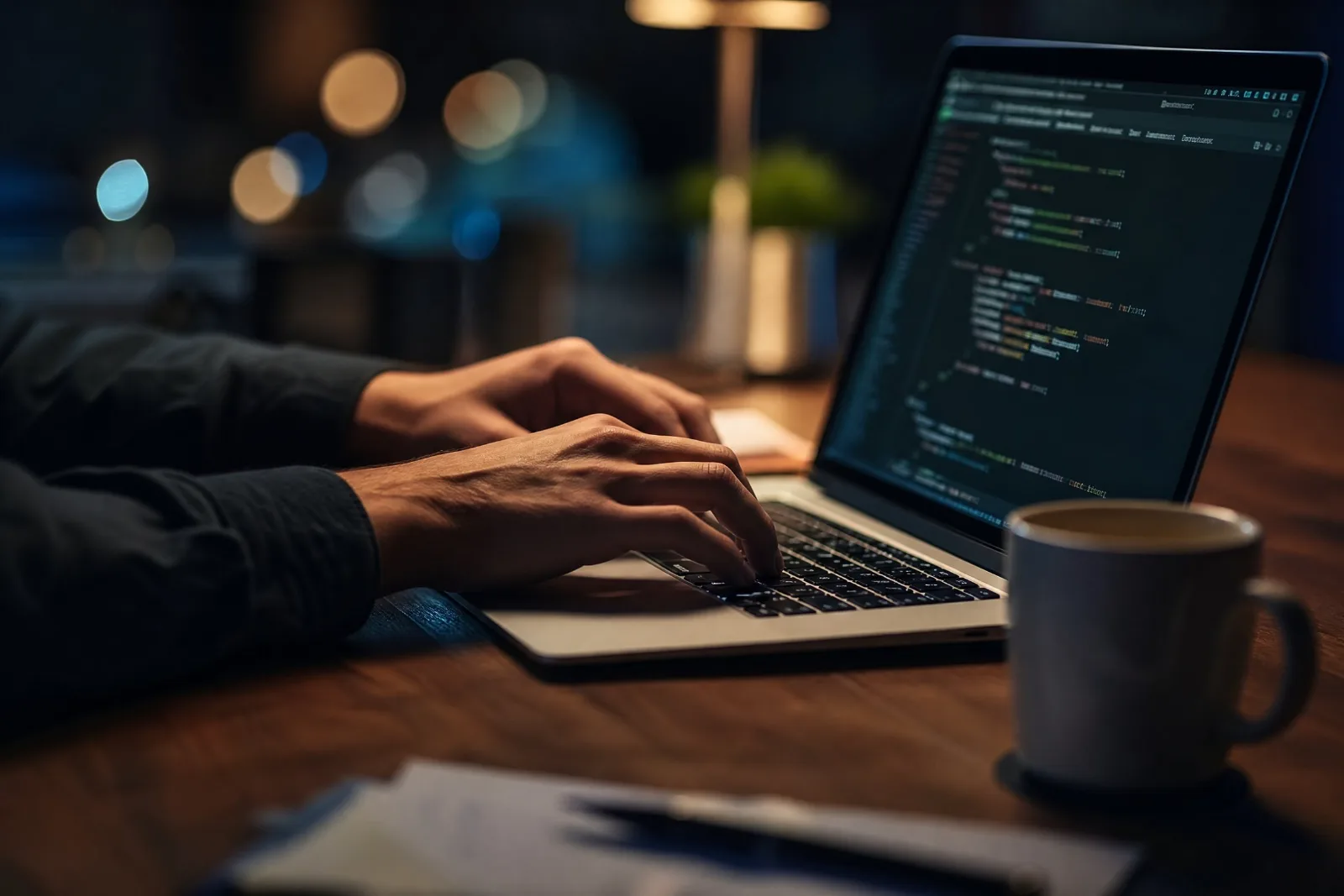 Hände tippen nachts auf der Tastatur eines Laptops, auf dem unscharfen Bildschirm steht Programmcode in einem Terminalfenster