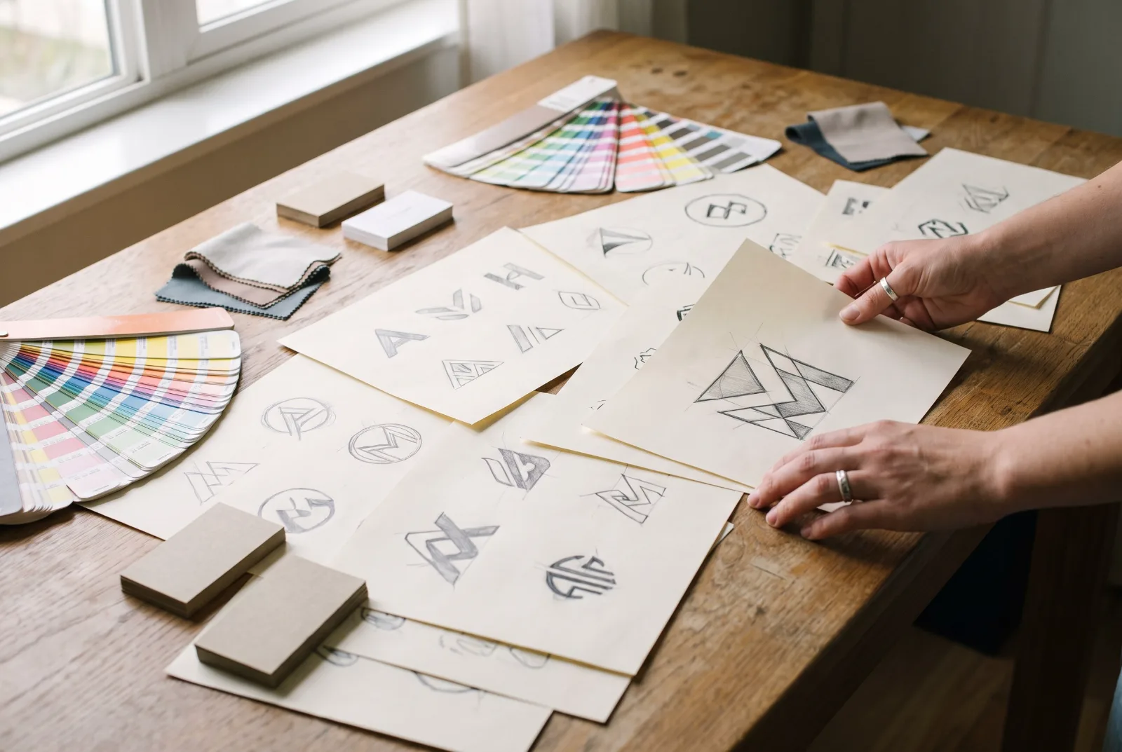 Holztisch in einem Atelier mit ausgebreiteten Logoskizzen, Farbmustern und Papierproben, zwei Hände liegen auf den Entwürfen (KI-generiert)