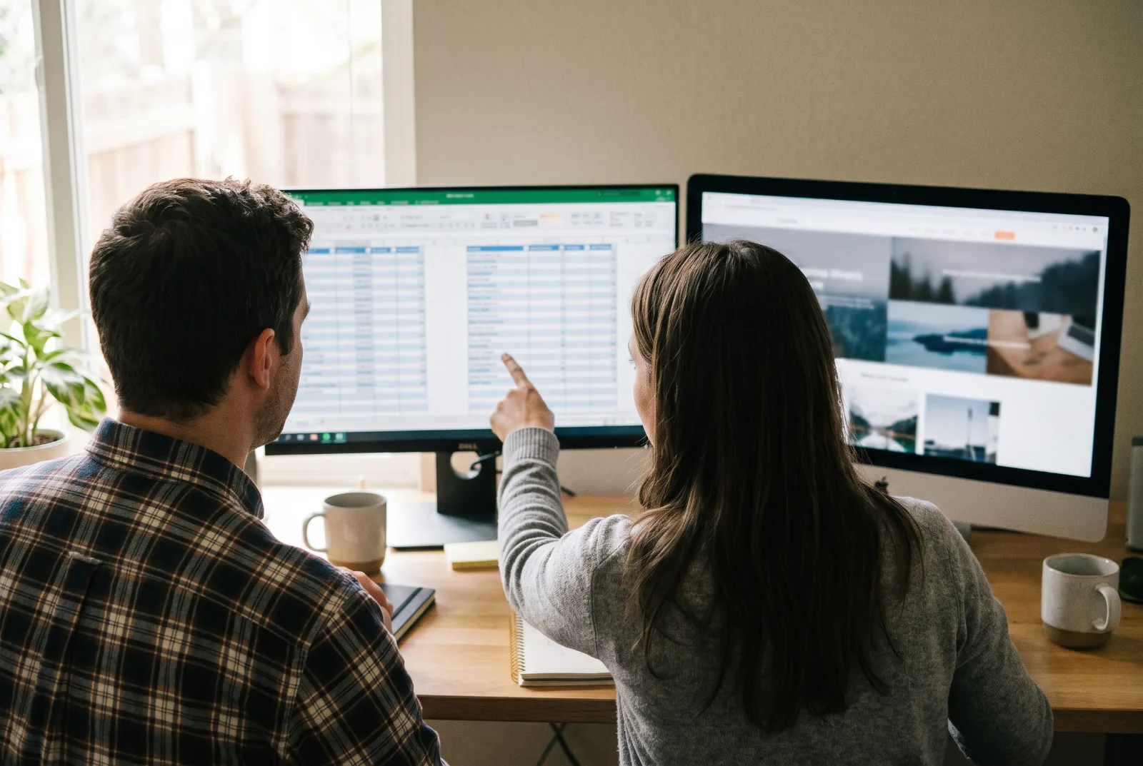 Zwei Personen sitzen an einem Schreibtisch vor zwei Monitoren, auf einem ist eine große Tabelle mit zwei Spalten zu sehen, auf dem anderen die Vorschau einer neuen Website (KI-generiert)