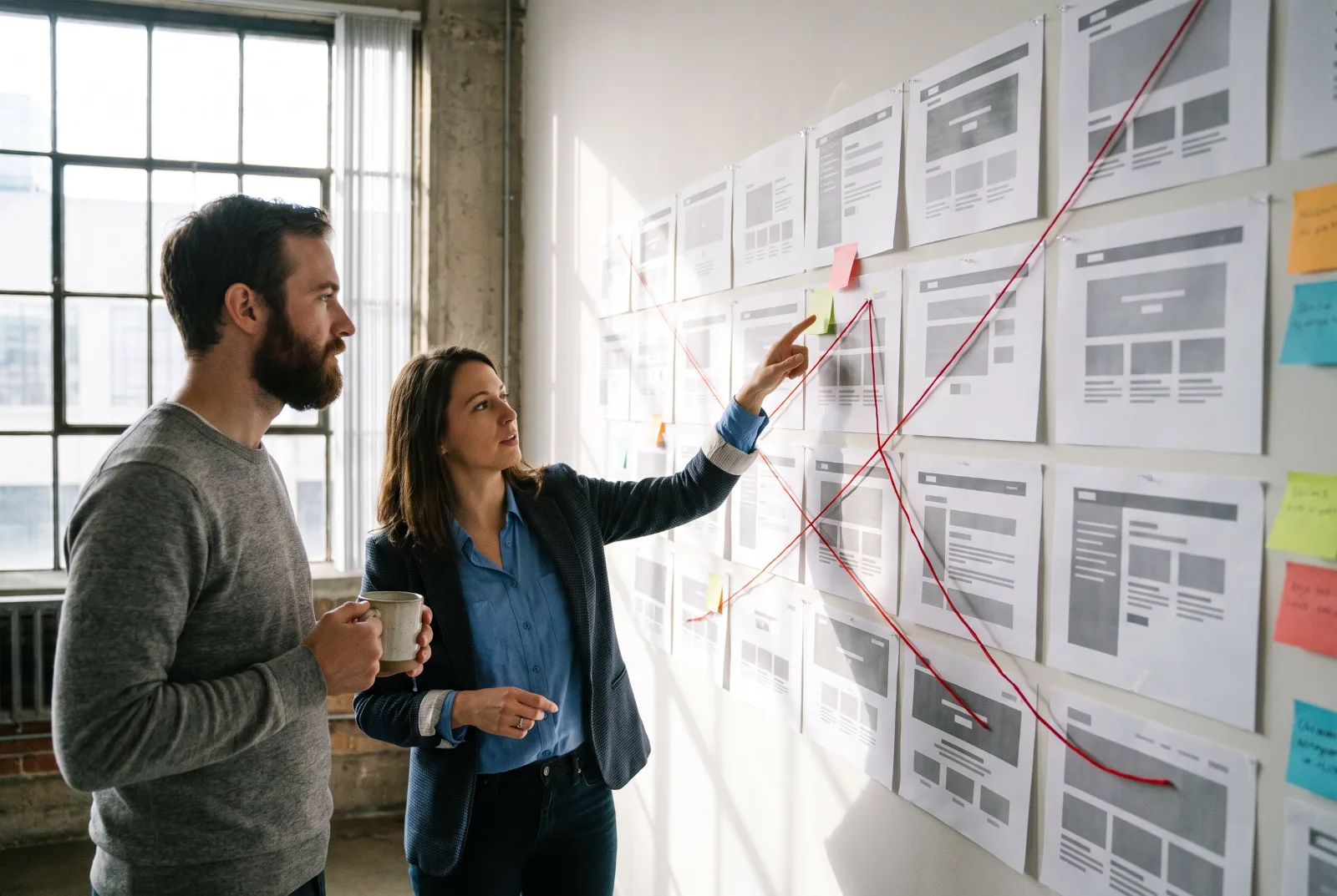 Mann und Frau stehen in einem Büro vor einer Wand mit ausgedruckten Seitenentwürfen einer Website, die mit Fäden und Haftnotizen zu einer Seitenstruktur verbunden sind (KI-generiert)